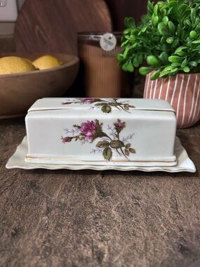 Porcelain Floral Butter Dish with Gold Trim